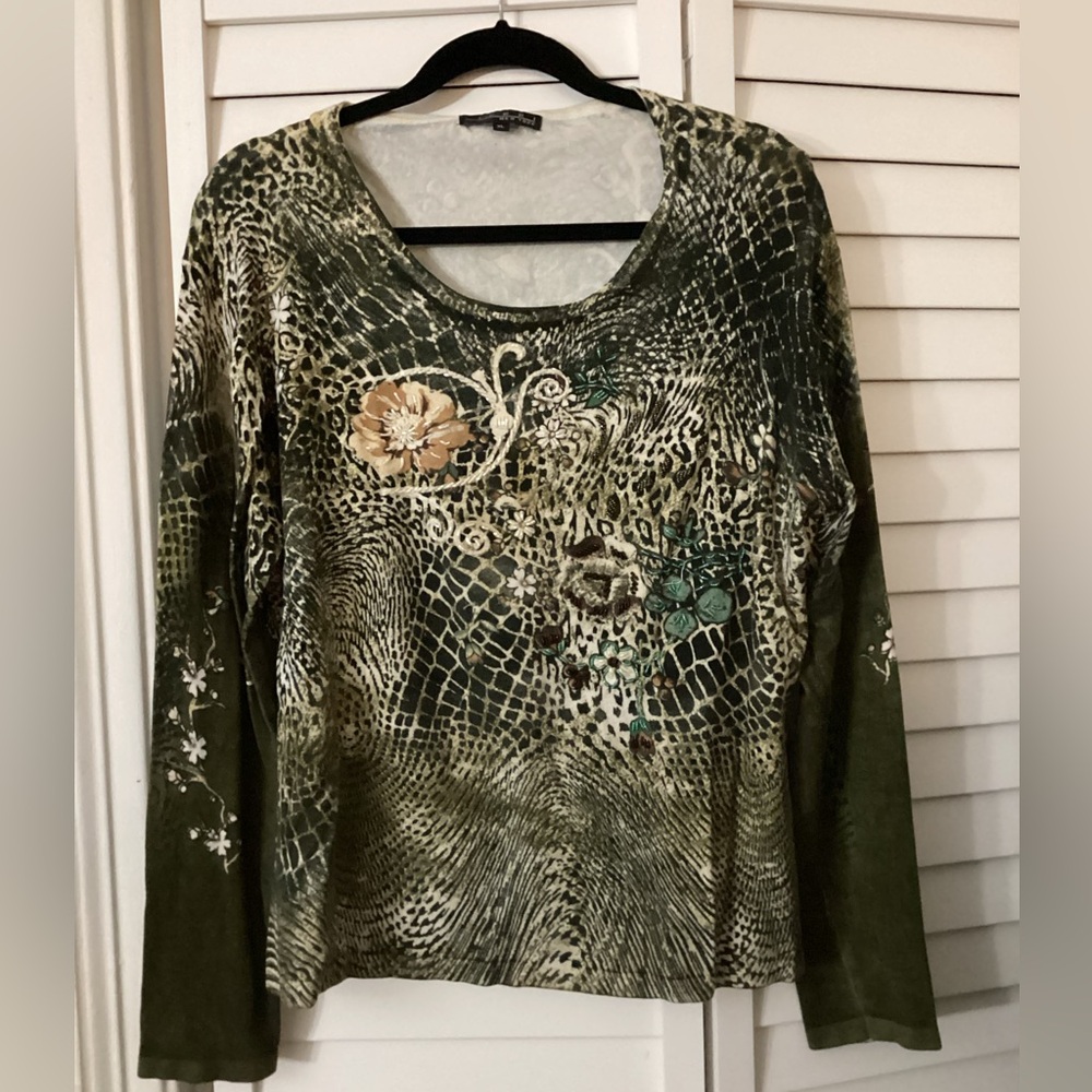 Pierri New York Women’s Beaded Animal Print Stretch Long Sleeve Top Size XL